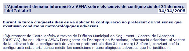 Noticia publicada en el portal web de la OMSICA reclamando explicaciones a AENA por los motivos del uso de la configuraci&oacute;n este durante las tardes del 31 de marzo de 2008 y del 3 de abril de 2008
